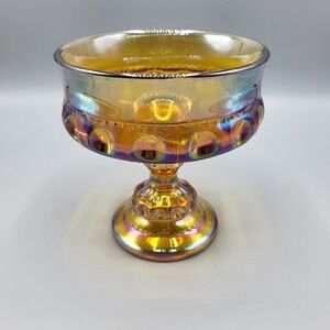 Indiana Glass Kings Crown Iridescent Carnival Glass Amber Compote Pedestal Bowl